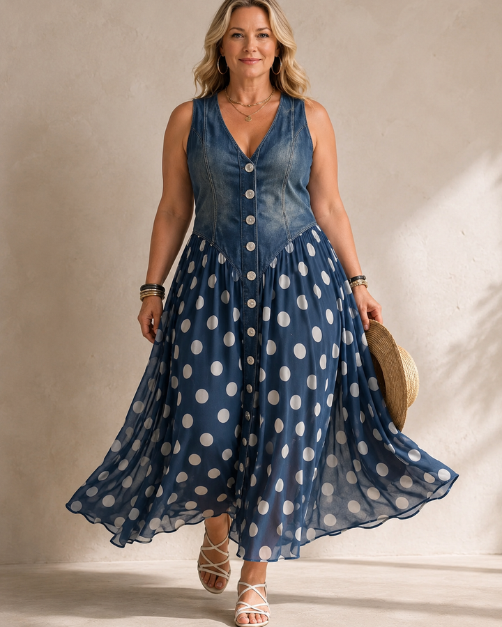 Leah | Denim Maxi Dress with Dots Tummy-Flattering