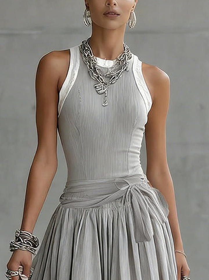 Bella | Gray Ribbed Set Sculpted Top and Draped Midi Skirt