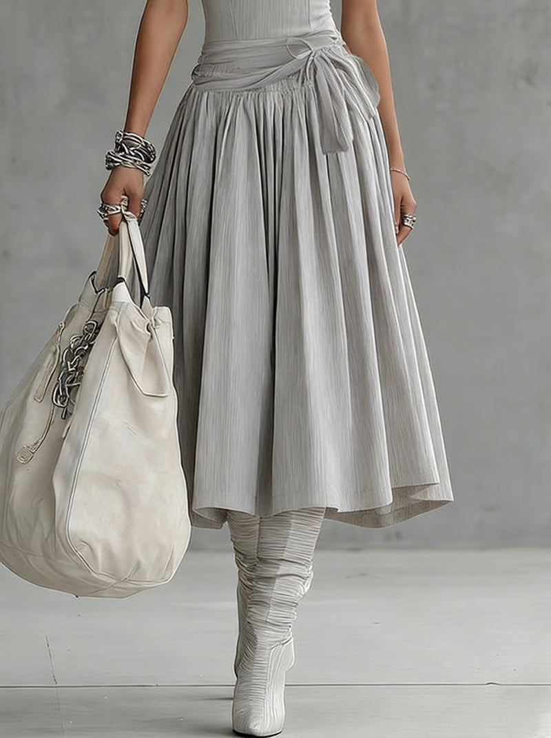 Bella | Gray Ribbed Set Sculpted Top and Draped Midi Skirt