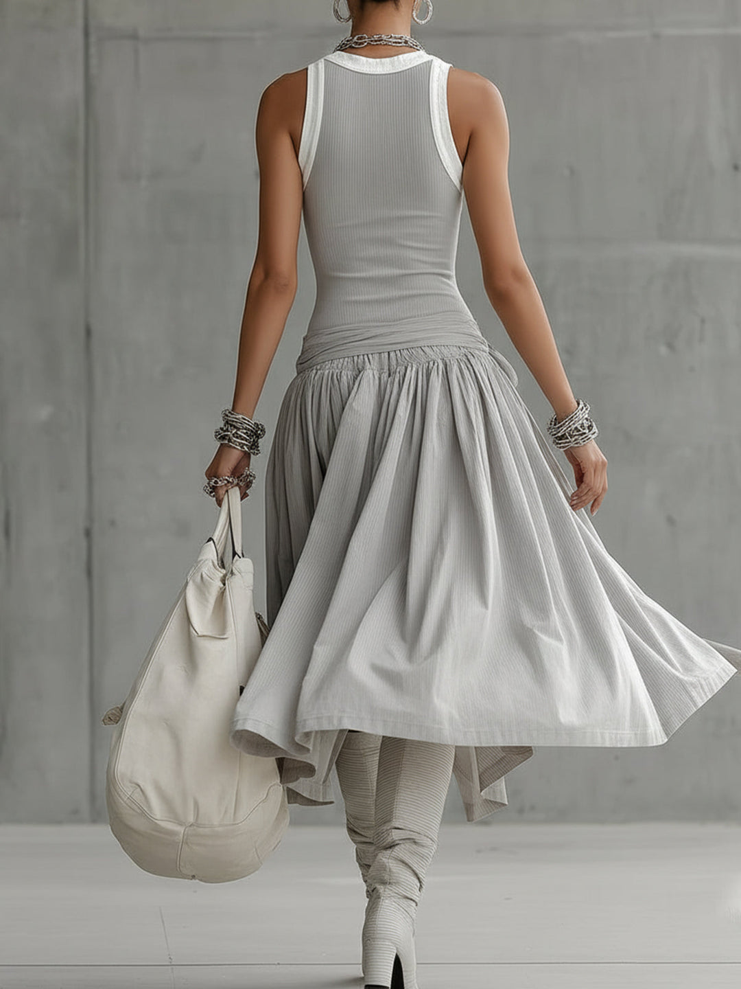 Bella | Gray Ribbed Set Sculpted Top and Draped Midi Skirt