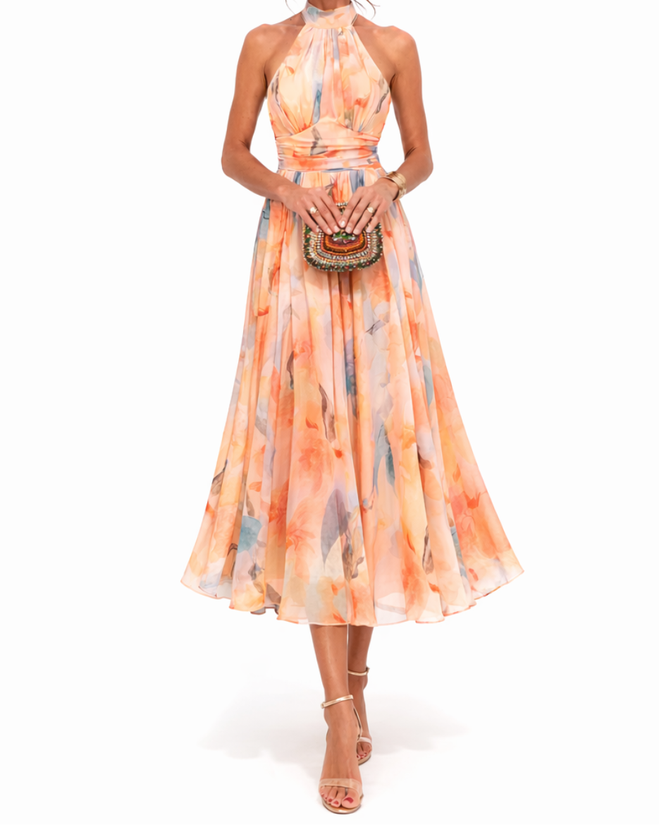 Aurora | Halter Neck Maxi Dress with Watercolour Print