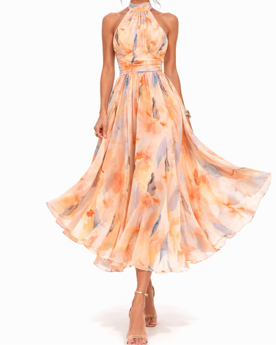 Aurora | Halter Neck Maxi Dress with Watercolour Print