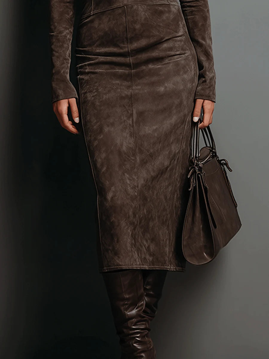 Jade | High Neck Long Sleeve Suede Midi Dress