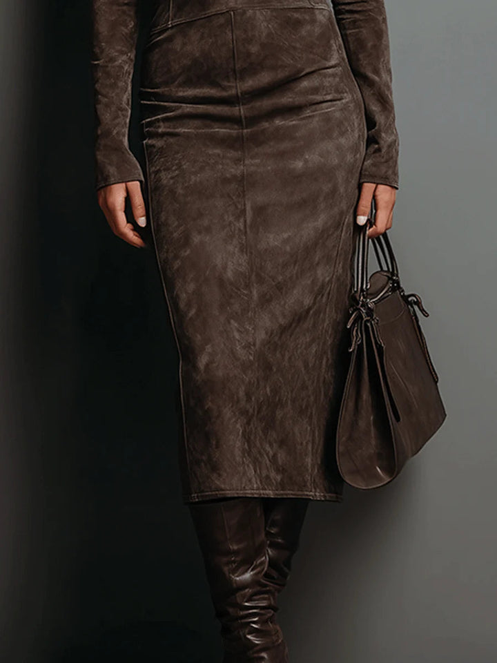 Jade | High Neck Long Sleeve Suede Midi Dress