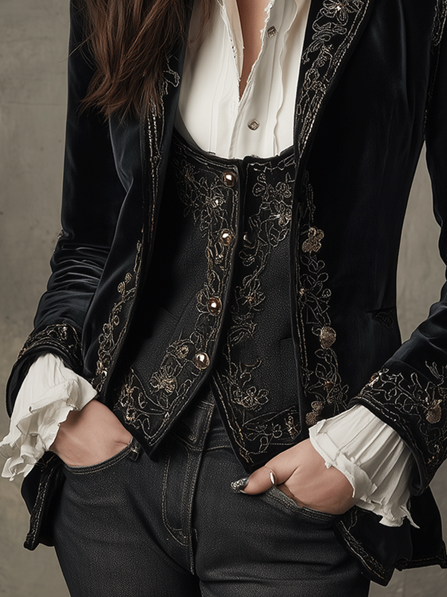 Teress | Chic Black Velvet Blazer with Embroidery