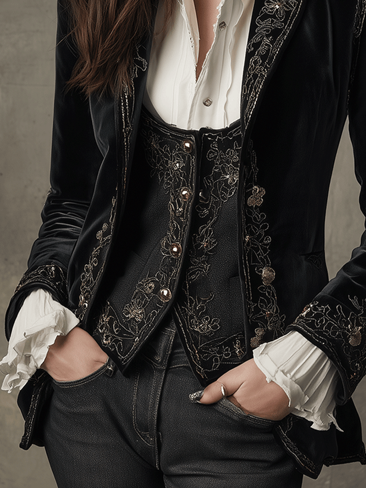 Teress | Chic Black Velvet Blazer with Embroidery
