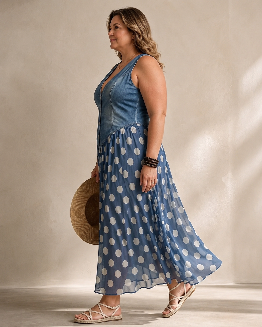 Leah | Denim Maxi Dress with Dots Tummy-Flattering