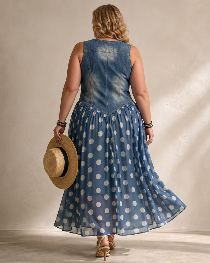 Leah | Denim Maxi Dress with Dots Tummy-Flattering
