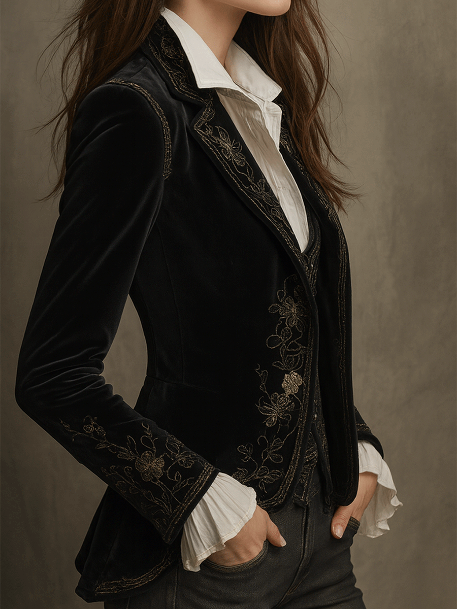 Teress | Chic Black Velvet Blazer with Embroidery