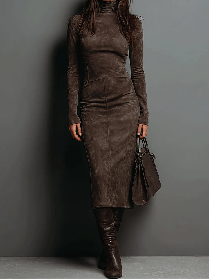 Jade | High Neck Long Sleeve Suede Midi Dress