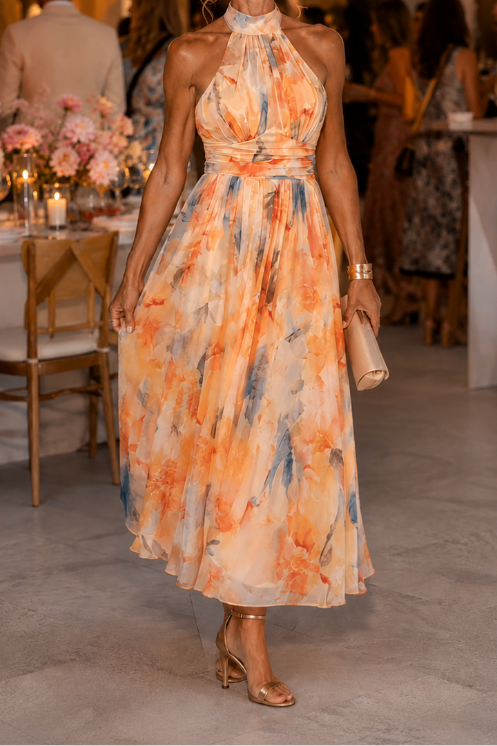 Aurora | Halter Neck Maxi Dress with Watercolour Print