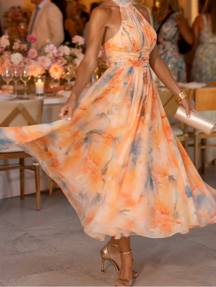 Aurora | Halter Neck Maxi Dress with Watercolour Print