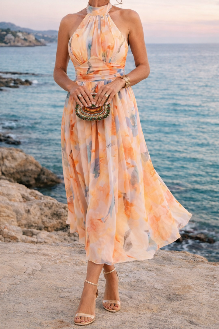 Aurora | Halter Neck Maxi Dress with Watercolour Print