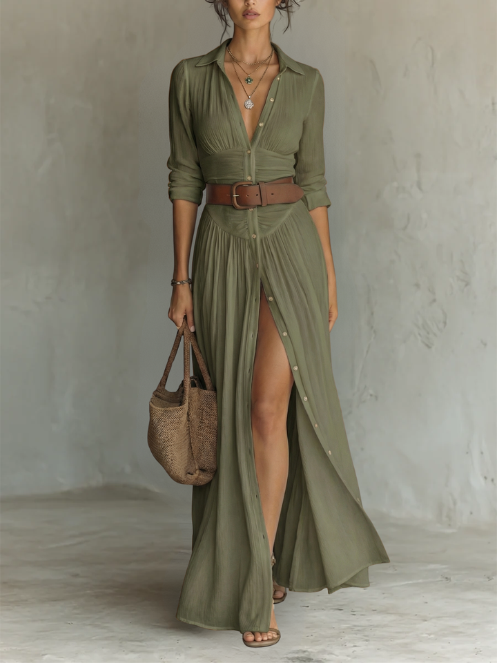 Pamela | Pleated Maxi Shirt Dress