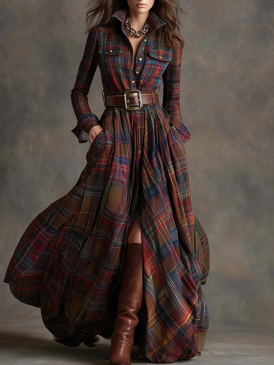 Zia | Retro Lapel Plaid Maxi Dress