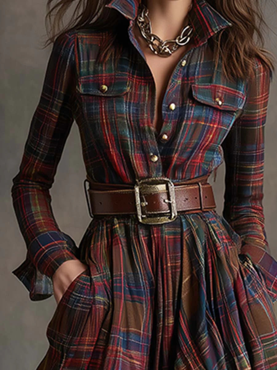 Zia | Retro Lapel Plaid Maxi Dress