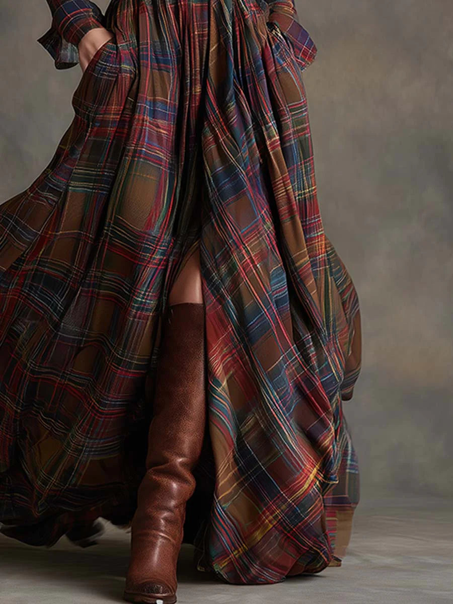 Zia | Retro Lapel Plaid Maxi Dress