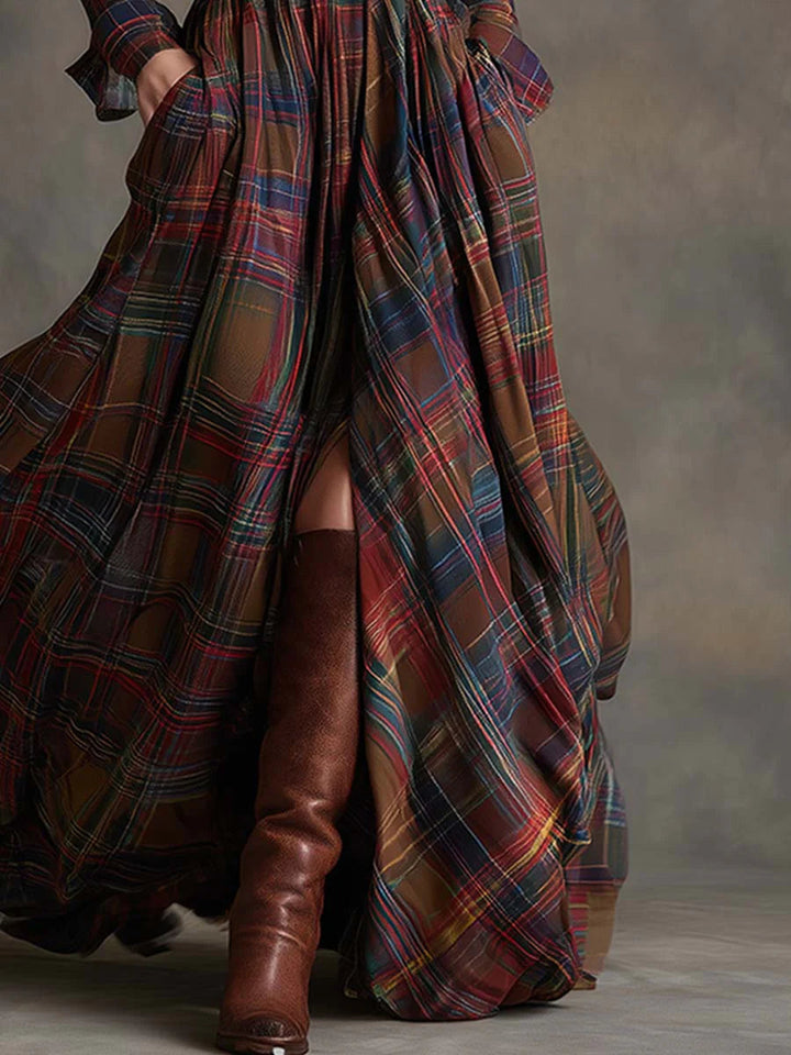 Zia | Retro Lapel Plaid Maxi Dress
