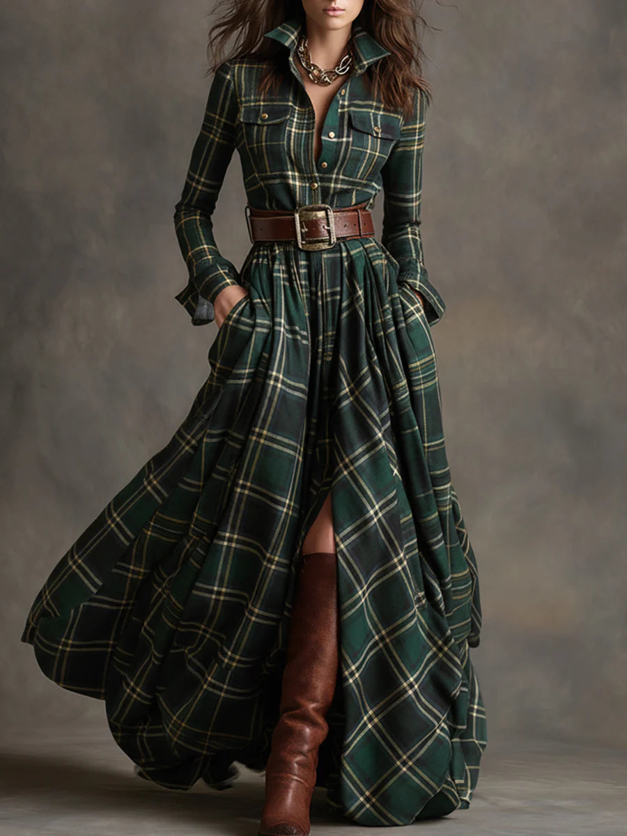 Zia | Retro Lapel Plaid Maxi Dress