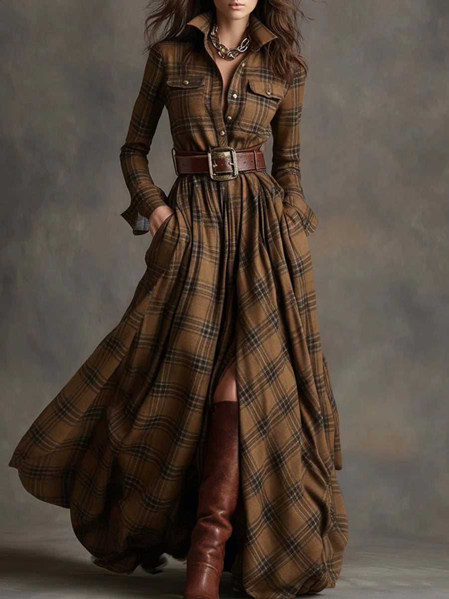 Zia | Retro Lapel Plaid Maxi Dress