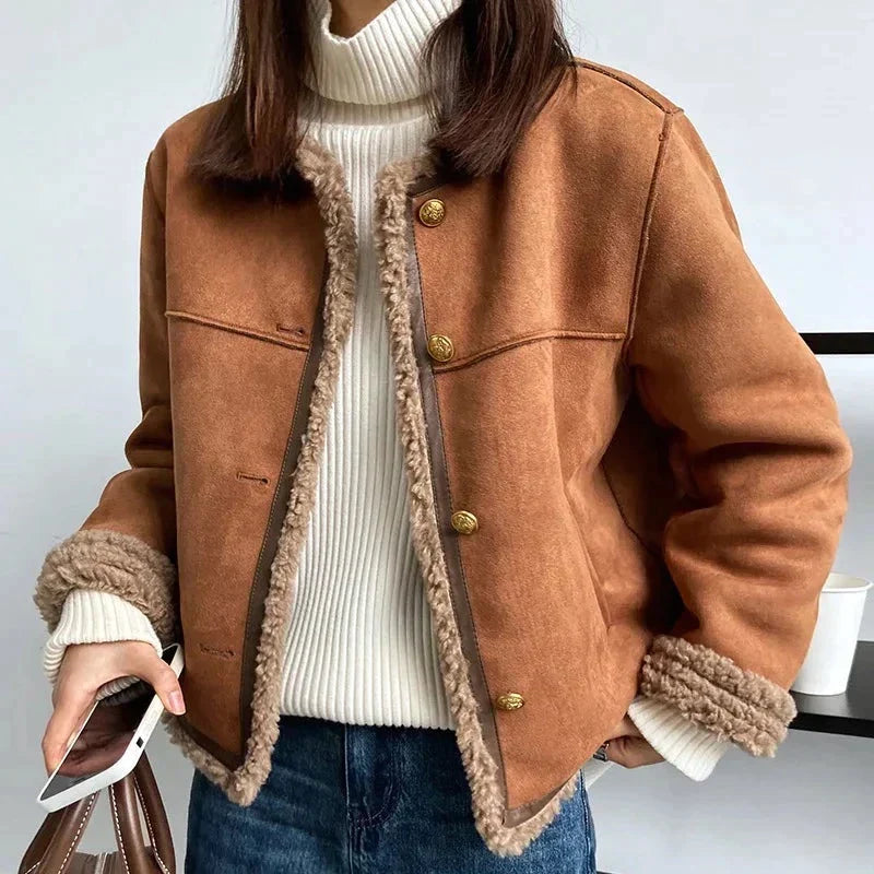 Reva | Women's Vintage Shearling-Trim Button-Front Cropped Jacket