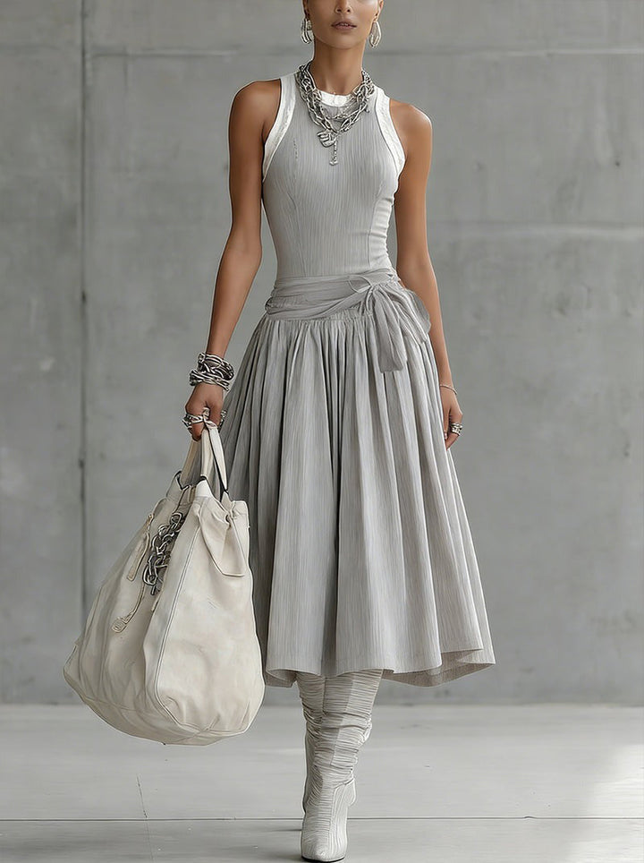Bella | Gray Ribbed Set Sculpted Top and Draped Midi Skirt