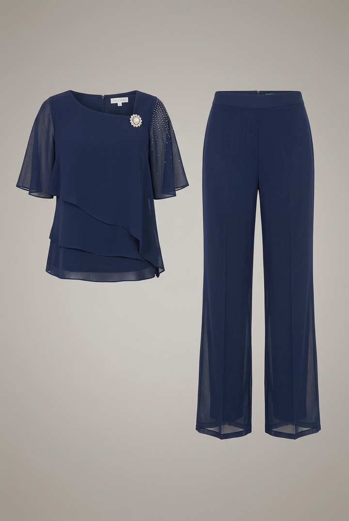Ashley | Women’s Top and Trousers Set with Layered Top and Straight Legs