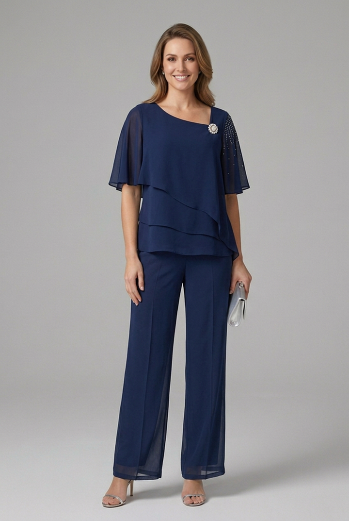 Ashley | Women’s Top and Trousers Set with Layered Top and Straight Legs