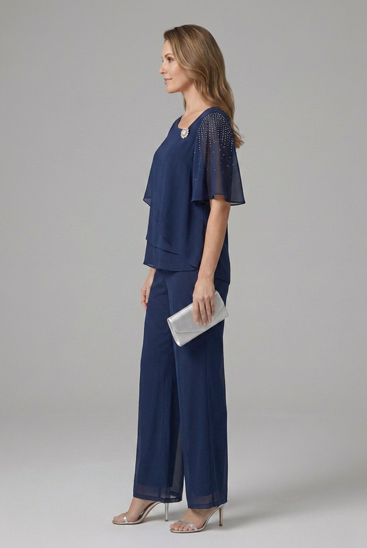 Ashley | Women’s Top and Trousers Set with Layered Top and Straight Legs