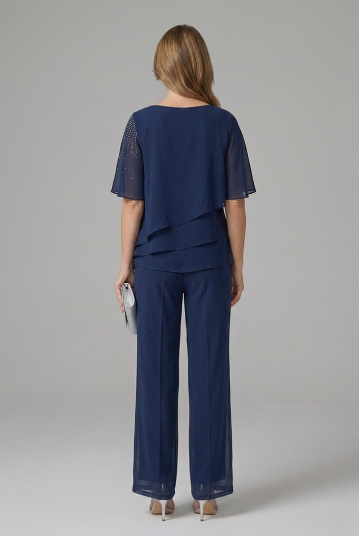 Ashley | Women’s Top and Trousers Set with Layered Top and Straight Legs