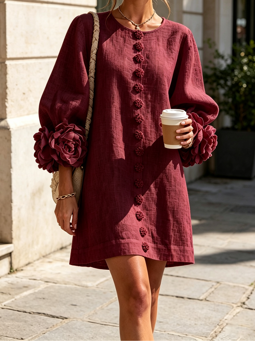 Joanah | Button Down Mini Dress With Striking Floral Cuffs