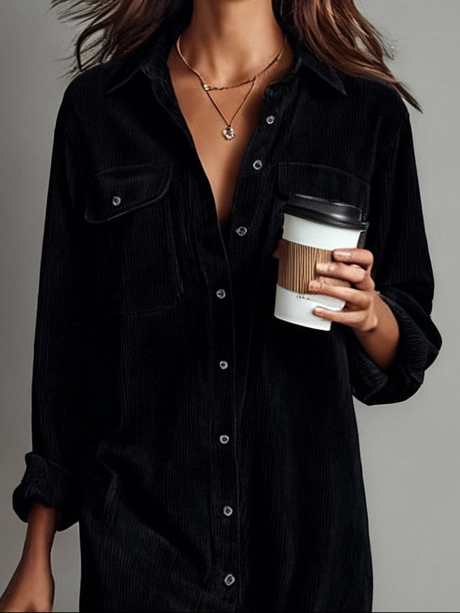 Fiona | Loose Corduroy Double Chest Pocket Single Breasted Midi Dress