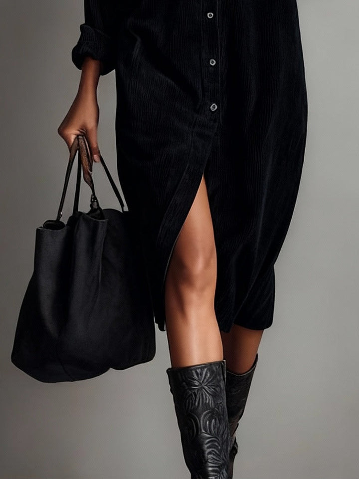 Fiona | Loose Corduroy Double Chest Pocket Single Breasted Midi Dress