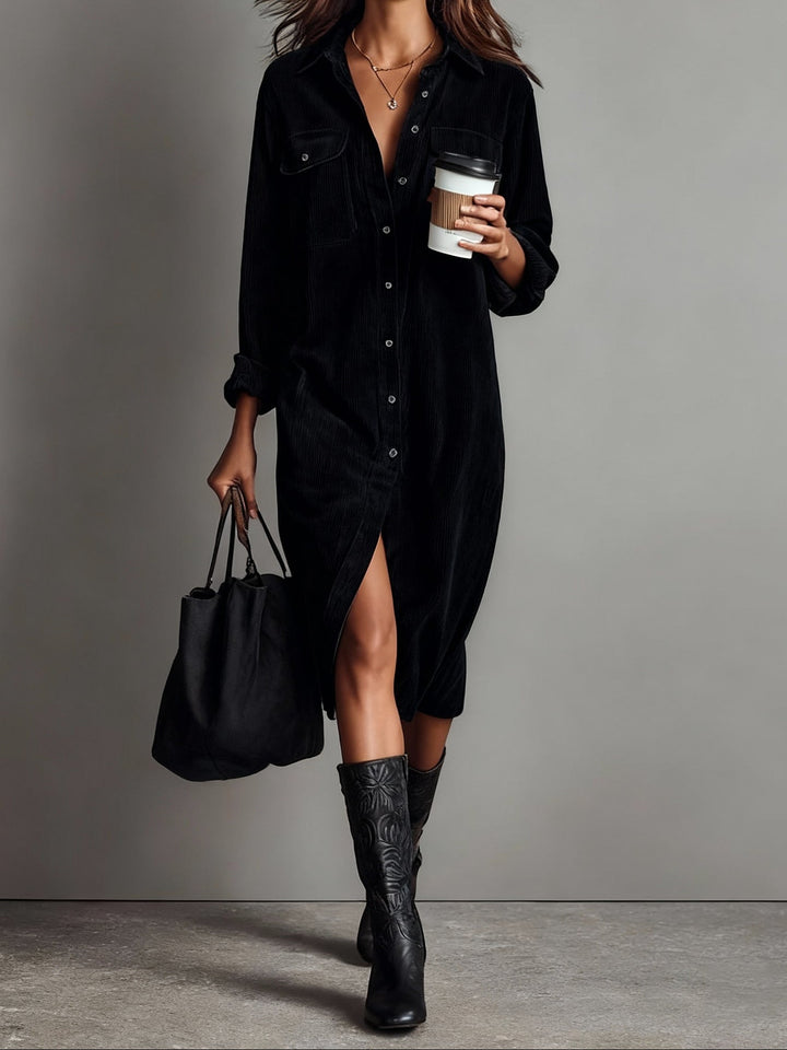 Fiona | Loose Corduroy Double Chest Pocket Single Breasted Midi Dress