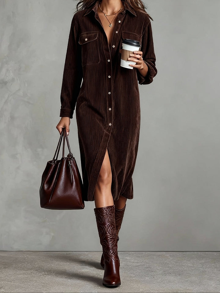 Fiona | Loose Corduroy Double Chest Pocket Single Breasted Midi Dress
