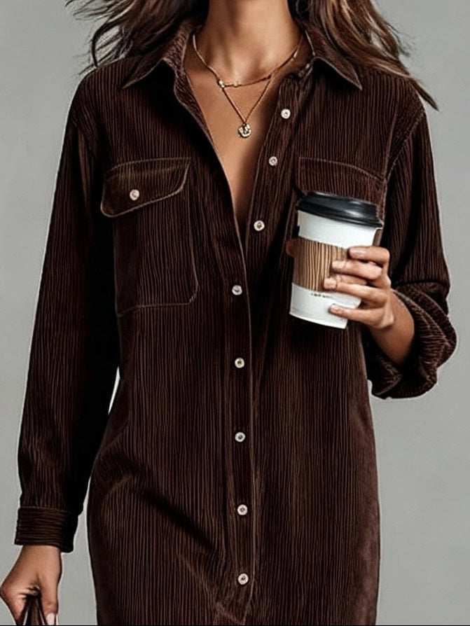 Fiona | Loose Corduroy Double Chest Pocket Single Breasted Midi Dress