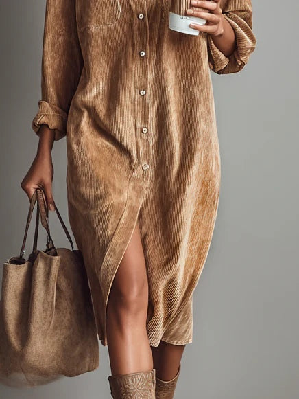 Fiona | Loose Corduroy Double Chest Pocket Single Breasted Midi Dress