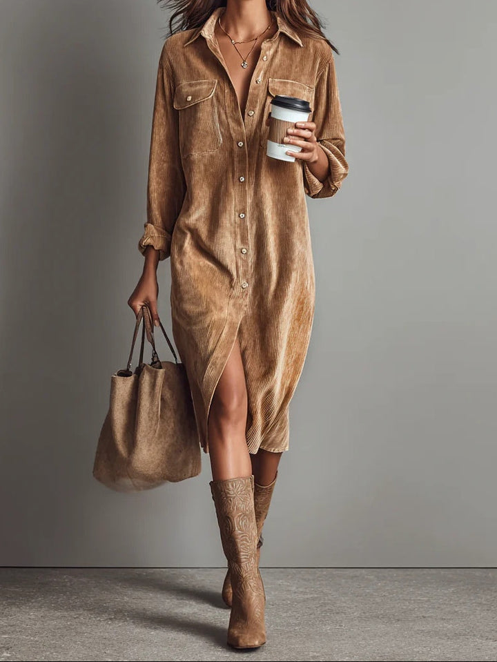 Fiona | Loose Corduroy Double Chest Pocket Single Breasted Midi Dress
