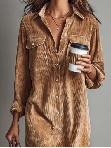 Fiona | Loose Corduroy Double Chest Pocket Single Breasted Midi Dress