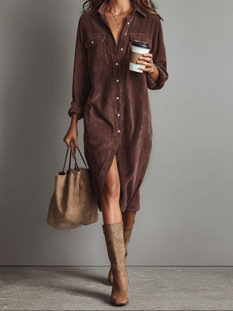 Fiona | Loose Corduroy Double Chest Pocket Single Breasted Midi Dress