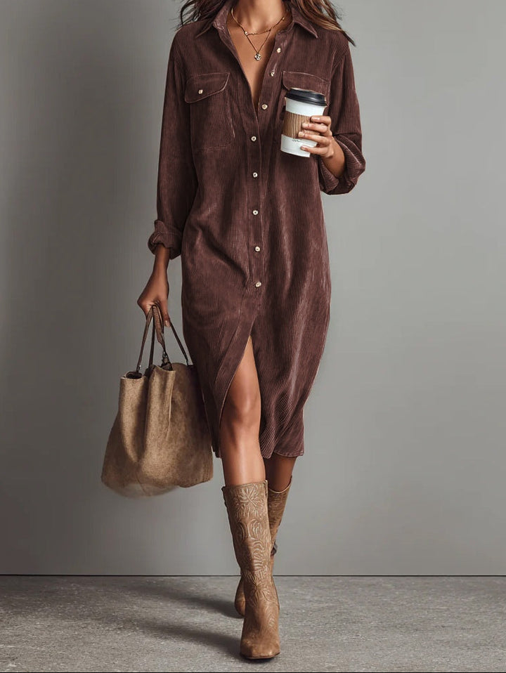 Fiona | Loose Corduroy Double Chest Pocket Single Breasted Midi Dress