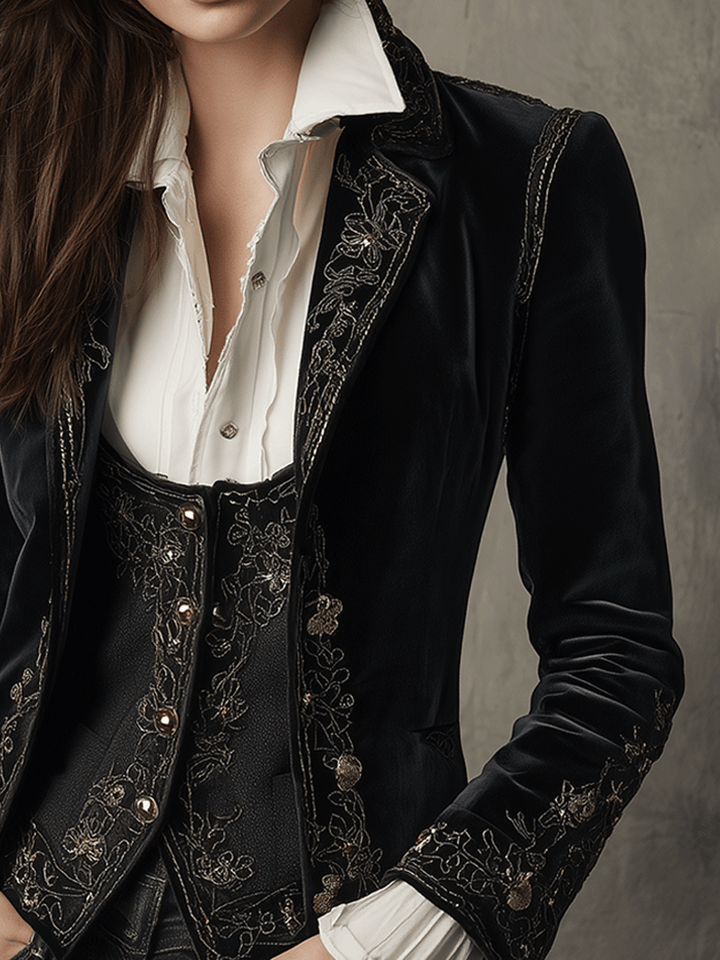 Teress | Chic Black Velvet Blazer with Embroidery