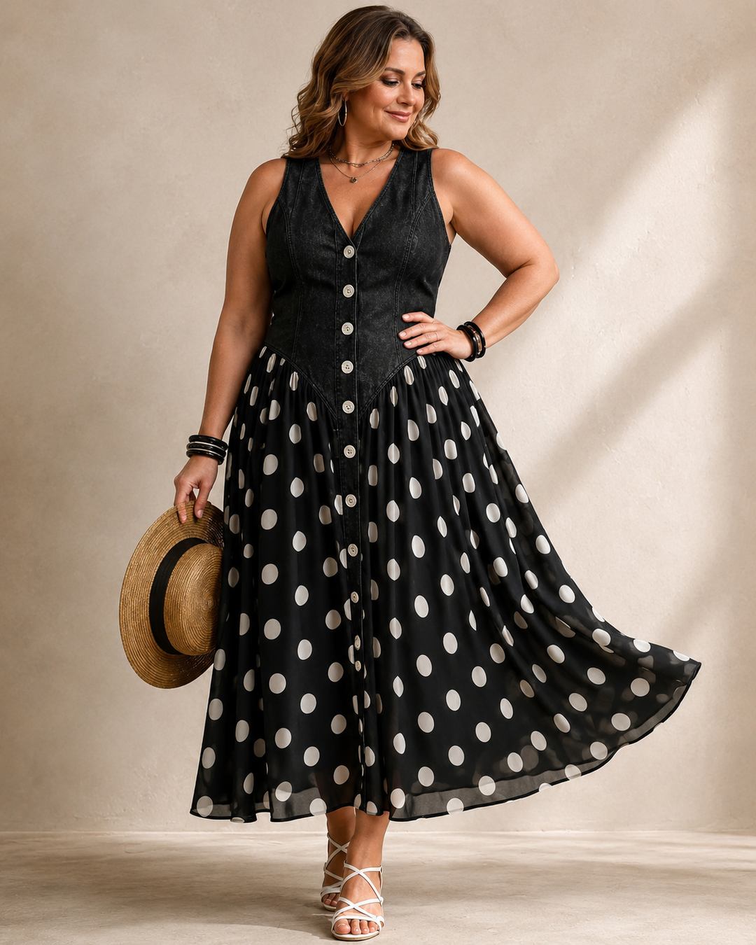 Leah | Denim Maxi Dress with Dots Tummy-Flattering