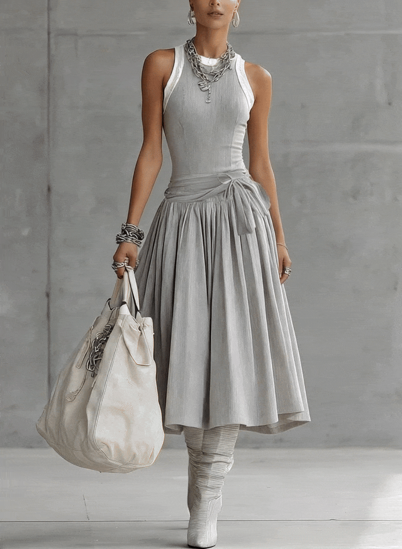 Bella | Gray Ribbed Set Sculpted Top and Draped Midi Skirt