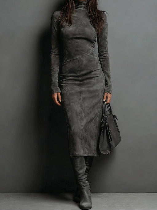 Jade | High Neck Long Sleeve Suede Midi Dress
