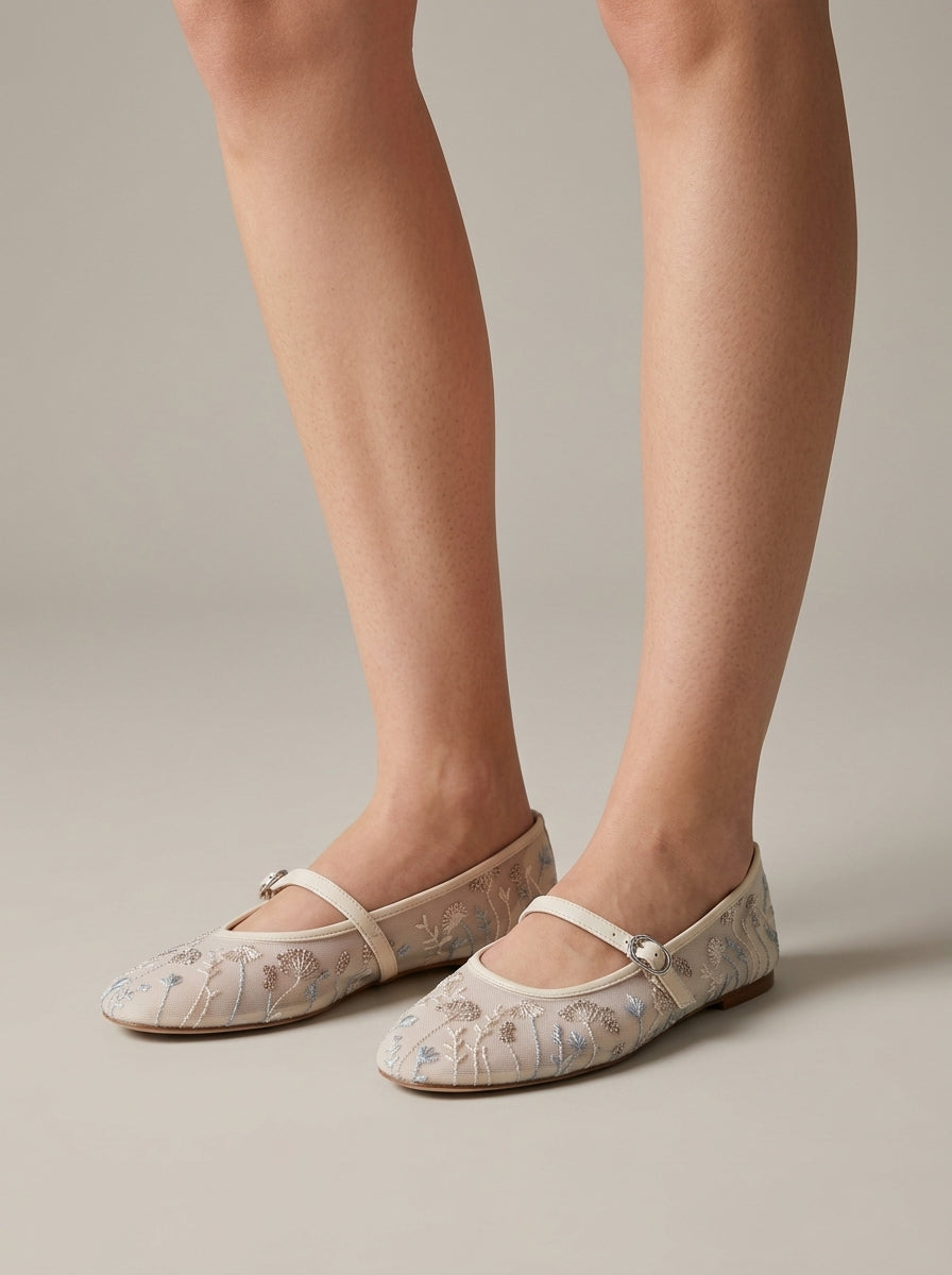 Vivien | Women's Flats Embroidered Mary Jane Ankle Strap Ballet
