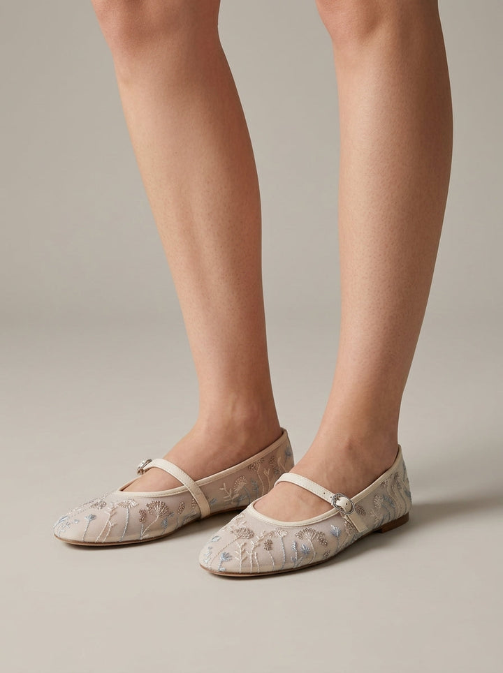 Vivien | Women's Flats Embroidered Mary Jane Ankle Strap Ballet