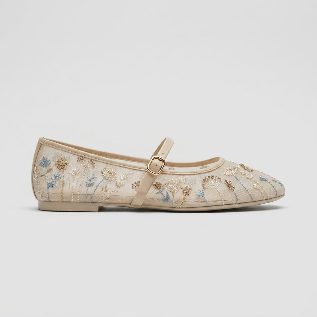 Vivien | Women's Flats Embroidered Mary Jane Ankle Strap Ballet