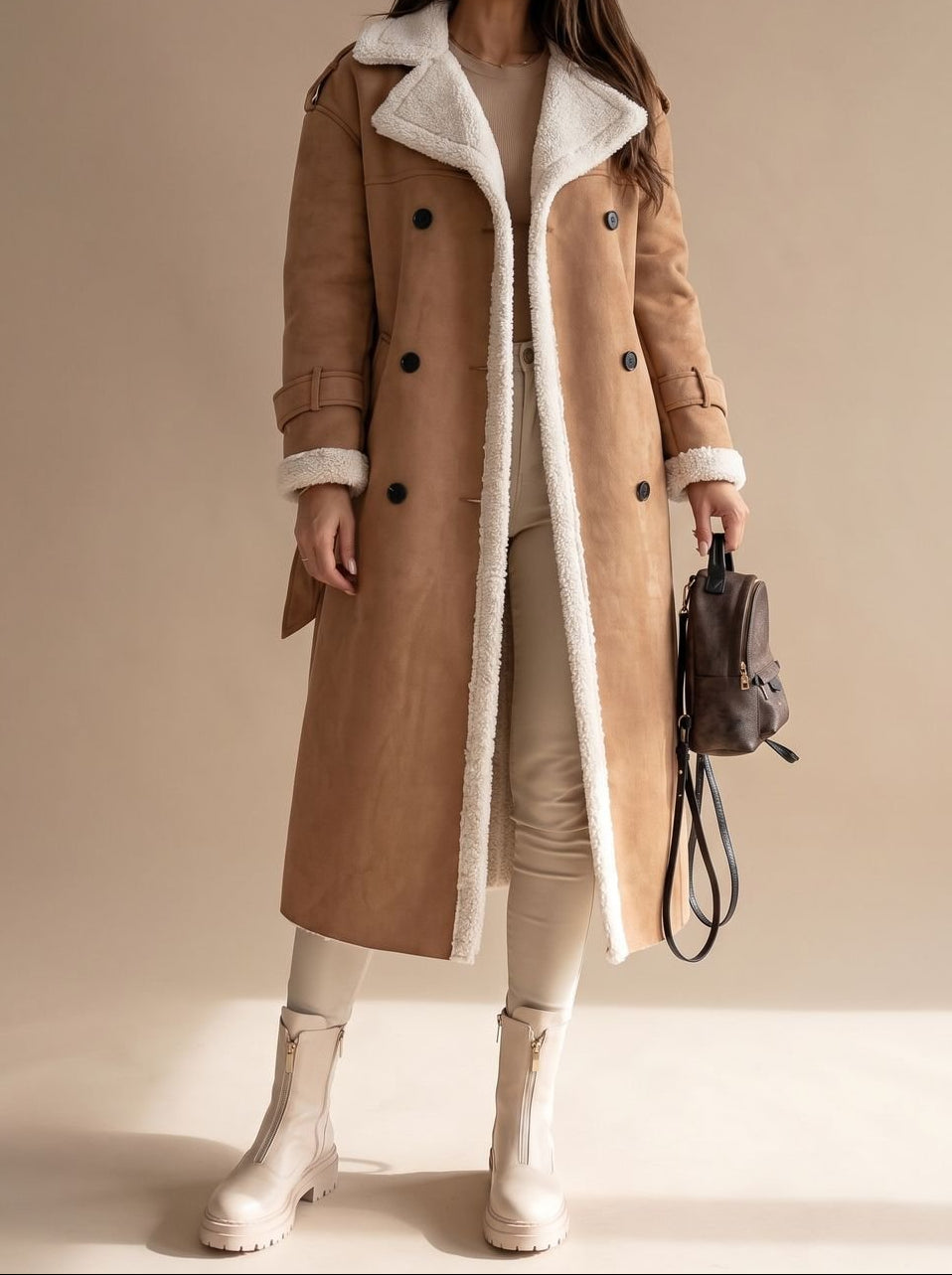 Grace | Women's Long Teddy Winter Coat Double-Breasted Sherpa Belted